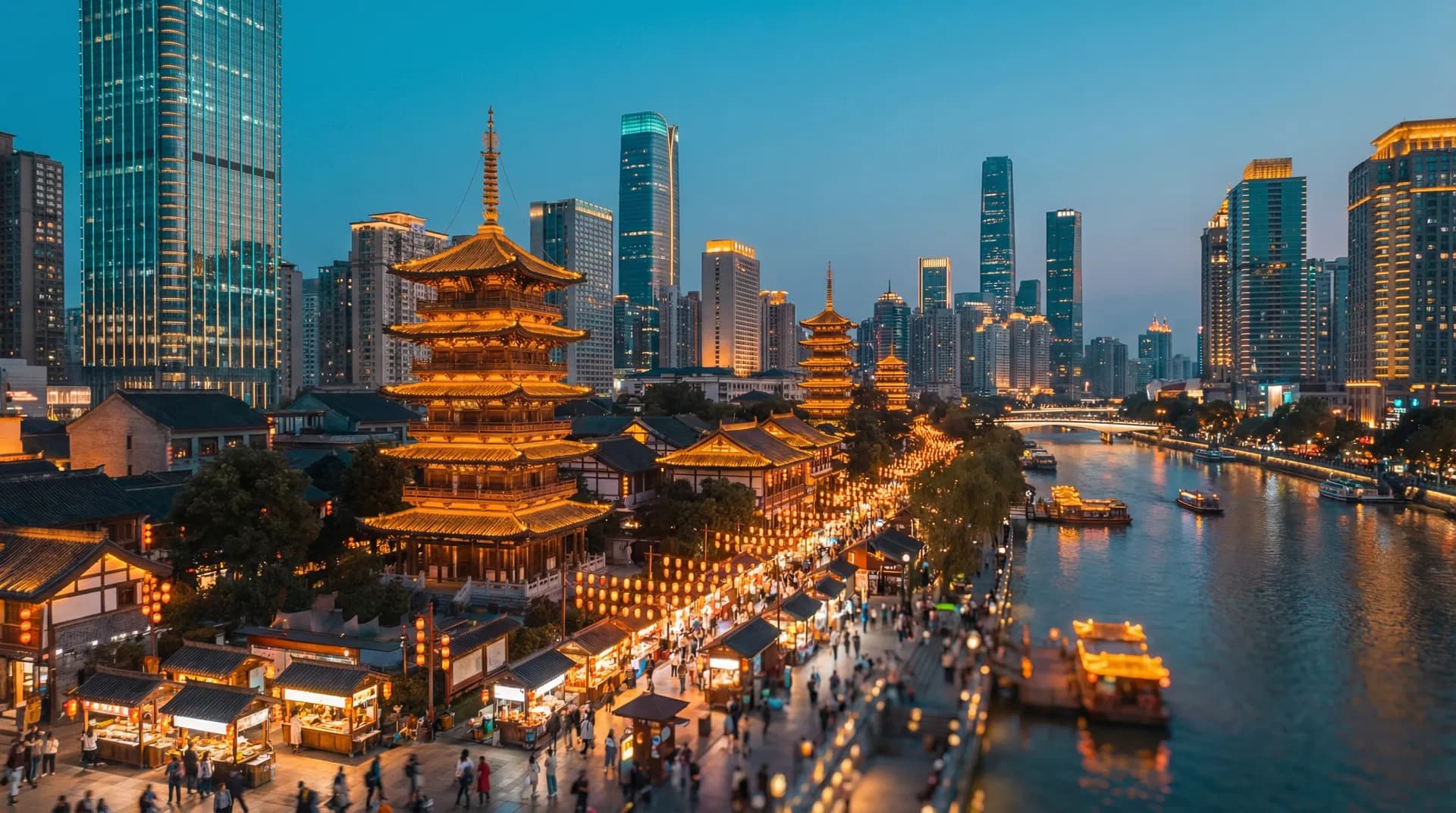 Vibrant Chinese cityscape at dusk